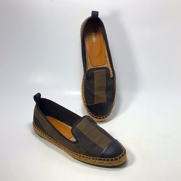 Fendi Pequin Stripe Canvas Espadrilles - Brown & Black Size 36, 6 US - Picture 2 of 16